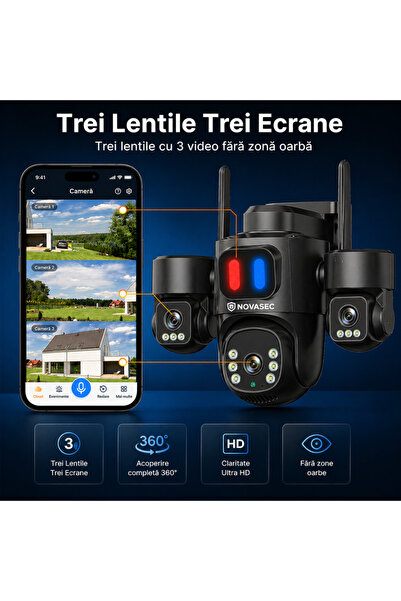 Novasec Cameră de supraveghere WiFi 5G de exterior, 18MP 4K, 3 camere, zoom 10X, detecție mișcare, viziune nocturnă, alarmă, negru