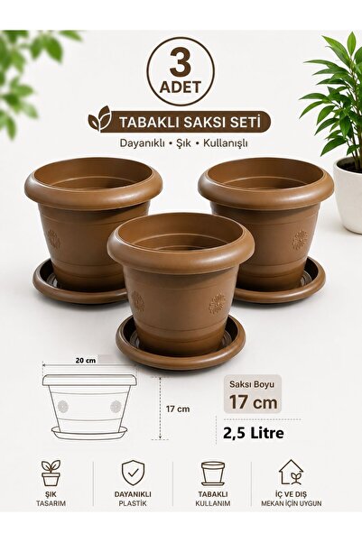 GÜZELYÜZ AVM 3 Adet Klasik Antik Saksı | Tabaklı Saksı Seti 2,5 Litre Kahvere...