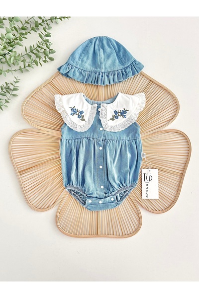 Jammybaby Jena Jean Premium Vintage Yaka Nakışlı Dantelli Kız Bebek Kot Rompe...