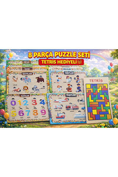 MAKETÇİNİZ Ahşap+Eva Bul Tak Eğitici 8 Adet MegaSet Yapboz Puzzle Seti