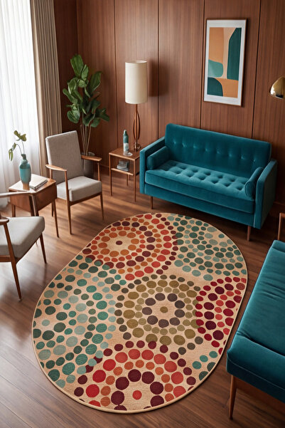 DOREM Oval Retro Desenli Kaymaz Taban Yıkanabilir Dijital Baskı Salon Halısı