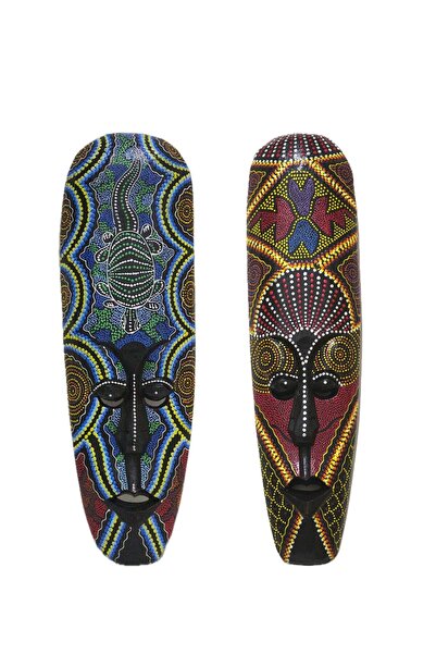 BARC Ahşap Otantik 2 li Maske Set Duvar Süsü 50cm Kabile Maskeler Duvar Dekoru