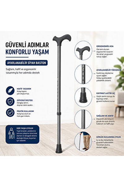 MYLİFE ORTOPEDİ ASA AYARLI SİYAH BASTON