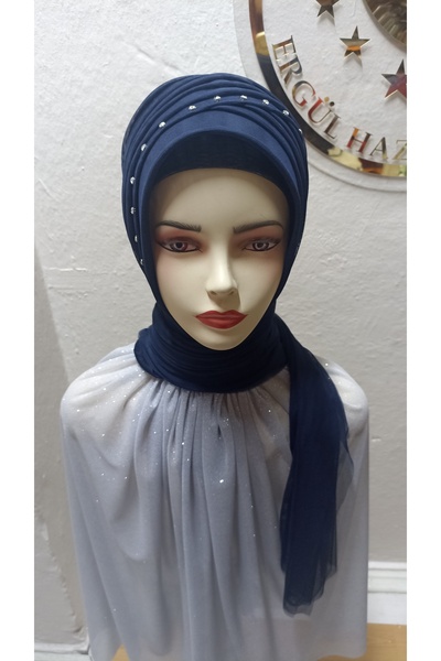Ergül Duvak Simsiz Dark Navy Blue Nuray. Ready Turban, Ready Veil, Ready Shaw...