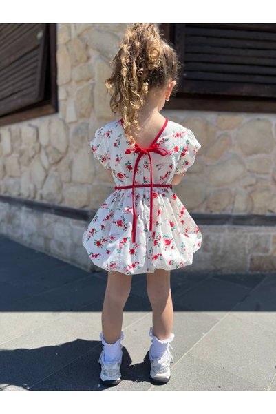 Teeny Weeny Kids Girl's Floral Patterned 100% Cotton Balloon Dress with Tie Detail