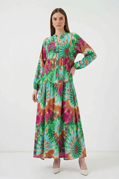 buğrahayalin Women's Round Neck Gathered Waist Floral Patterned Viscose Green...