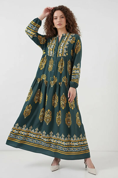 buğrahayalin Women's High Collar Waist-Slit Floral Patterned Viscose Green Hi...