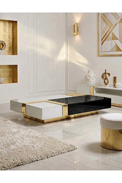 LUXURY VİLLA LUXURY GOLD AYNALI SIYAH VE BEYAZ CAMLI DEKORATIF ORTA SEHPA 90 ...