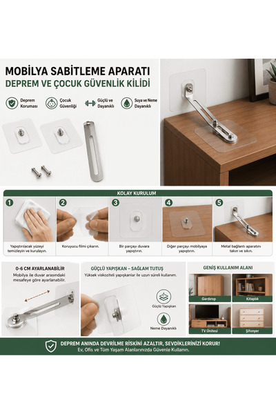 KARAHAN 4 Adet - Kendinden Yapışkanlı Mobilya Sabitleme Aparatı Deprem Ve Çuk...