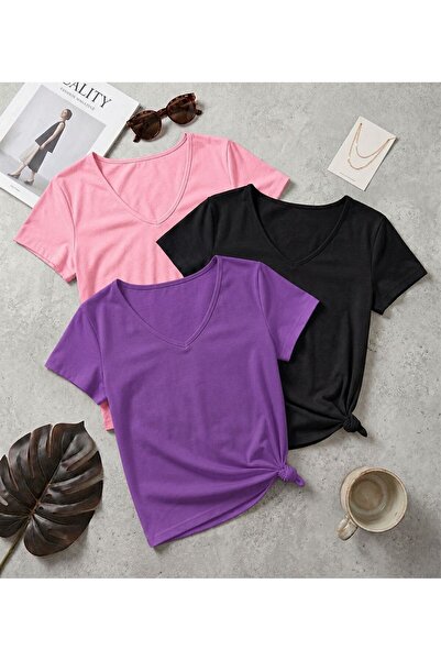 FAVORİST 3 Pieces of Plain Regular Fit (V-Neck) Women's T-Shirts
