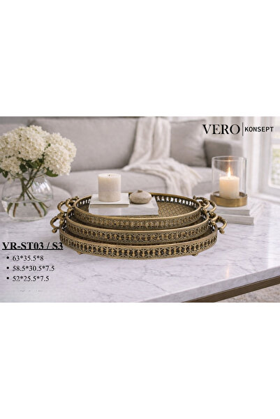 VERO Konsept Antik Gold 3 lü Oval Ferforje Tepsi Seti VR-ST03 - Vintage Sunum...