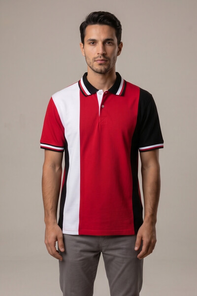 Tisho Erkek Polo Yaka T-Shirt Parçalı Kırmızı Beyaz Siyah %100 Pamuk Pike Kumaş