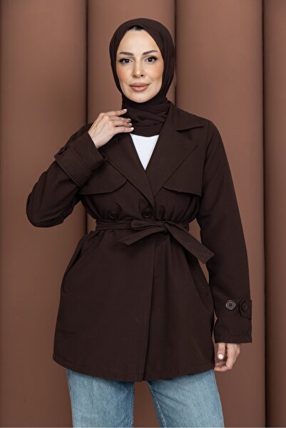 PAVENTİ Short Windbreaker Belted Trench Coat Brown