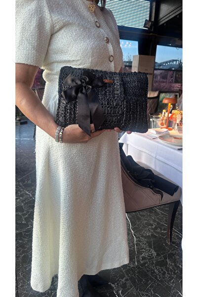 Bucci Handmade Siyah Fiyonk Detaylı Örgü Clutch Kadın El Çantası Abiye & Davet Çantası
