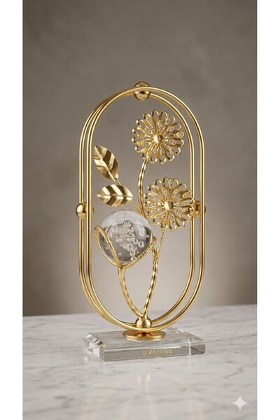 ALRASHED Kristal Küre ve Kristal Tabanlı Lüks Metal Çiçek Dekoru – Gold Moder...
