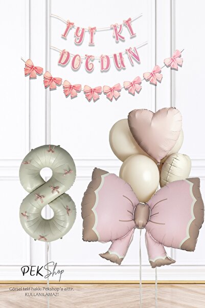 PEKSHOP 8 Year Old Retro Pink Bow Theme Luxury Birthday Balloon Set with Pink...
