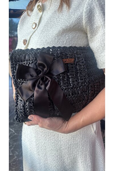 Bucci Handmade Siyah Fiyonk Detaylı Örgü Clutch Kadın El Çantası Abiye & Davet Çantası