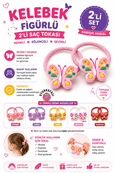 OYUNKAFASI Kelebek Figürlü 2’li Saç Tokası Renkli Çocuk Lastik Toka Karışık M...