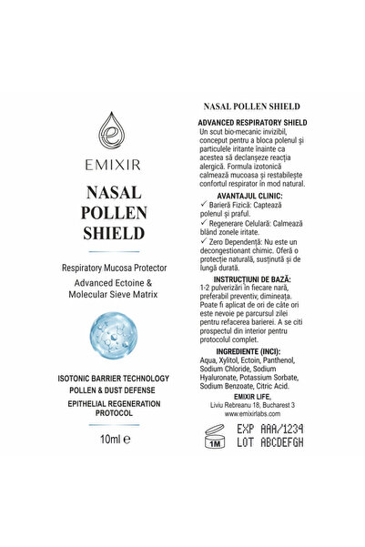 Emixir Spray Nazal Premium NASAL POLLEN-SHIELD, Scut Bio-Mecanic, Fara Dependenta, 10ml