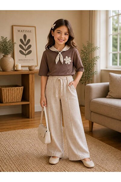gültekin bebe Trend Rose Çiçek Detaylı Keten Pantolonlu Kız İkili Takım 14-17...