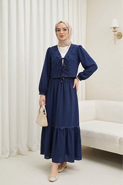 Modamorfo Linen Look Suit with Tie-Front Lace Detail and Lined Skirt - Dark Blue