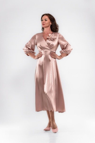 EFFECT Powder pink women's dress, triple veil, polka dots, large flower, made...