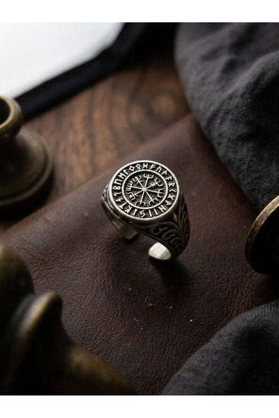 Velcari Asgard Koleksiyonu Vegvisir Sembollü Antik Gümüş Renk Şövalye Yüzüğü