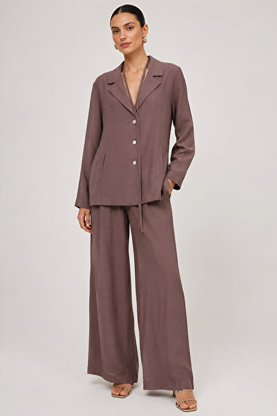 SBL DESIGN Women's Mink Blazer Collar Buttoned Wide Leg Pocketed Trousers Jac...