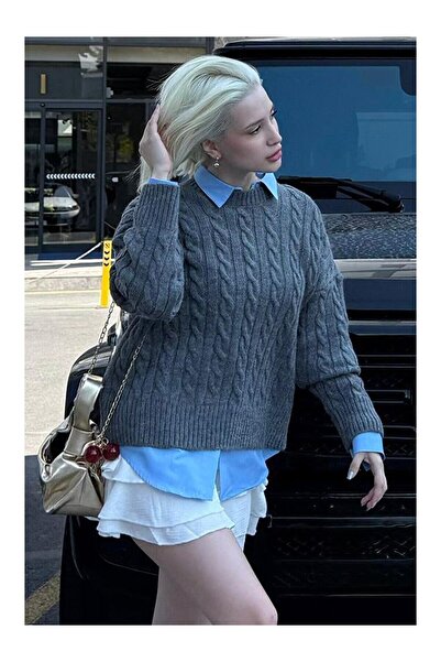 LC Waikiki Nevavm Anthracite Oval Collar Knitted Patterned Women's Knitwear S...