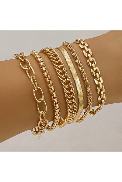 Choice Gold 6Pcs Simple Punk Chunky Chain Bracelet Set Metal Link Chain Combo...