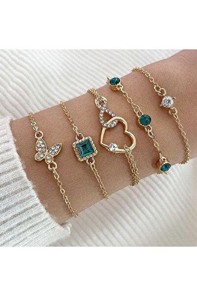 Choice Gold 5Pcs Fashion Green Crystal Bracelet Set For Women Butterfly Heart...