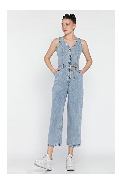 LC Waikiki Nevavm Front Buttoned Belted Jean Jumpsuit Salopet with a Difference