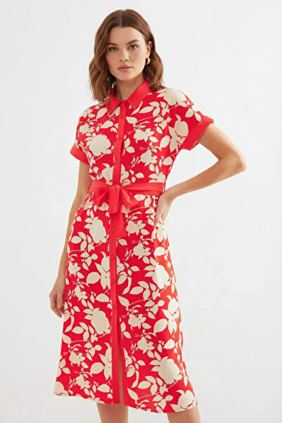 buğrahayalin Women's Shirt Collar Belted Floral Patterned Viscose Red Dress