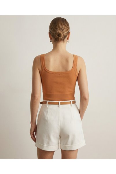 Qoolest Women's Tan U-Neck Thick Strap Ribbed Knitwear Athlete Blouse