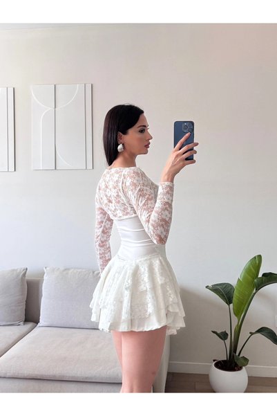 Zoom Butik Dantel Kol Ön Büzgülü Elbise - BEYAZ
