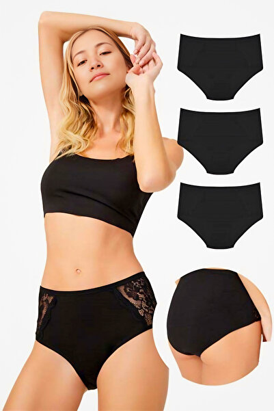 Homay 3-Pack Black Plus Size Lace Detailed Cotton Bikini Panties
