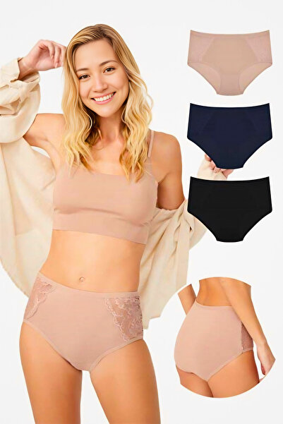 Homay 3-Pack Dark Colors Plus Size Lace Detailed Cotton Bikini Panties