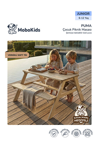 mobokids Çocuk Piknik Masası Puma Masif Ahşap 4 kişilik Junior 6 - 12 Yaş Ahş...
