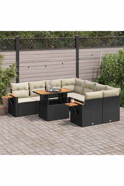 vidaxl Set mobilier gradina perne 9 piese negru poliratan/lemn acacia