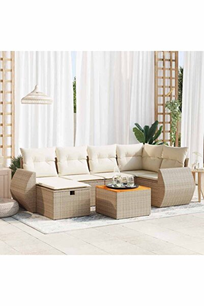 vidaxl Set canapele de gradina, 7 piese, cu perne, bej, poliratan