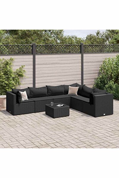 vidaxl Set mobilier de gradina cu perne, 7 piese, negru, poliratan