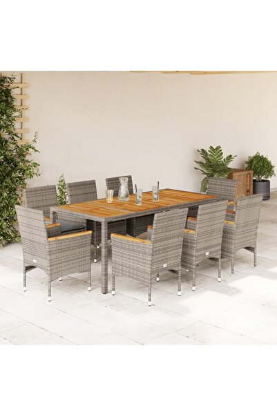 vidaxl Set mobilier gradina cu perne 9 piese gri poliratan/lemn acacia