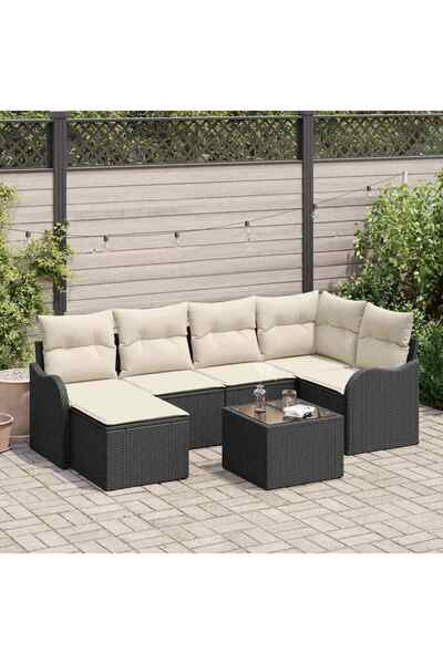 vidaxl Set de canapele pentru gradina 7 pcs Negru È™i alb Rattan poli