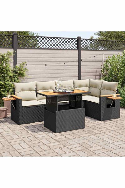 vidaxl Set mobilier gradina perne 6 piese negru poliratan/lemn acacia