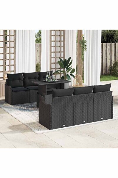 vidaxl Set de canapele pentru gradina cu perna 7 pcs Negru Rattan poli