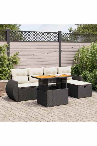 vidaxl Set mobilier gradina perne 6 piese negru poliratan/lemn acacia