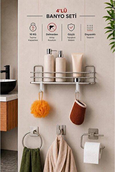 Sas Haus Banyo Düzenleyici Set 4 Parça Yapışkanlı Şampuanlık Tuvalet Kağıtlığ...
