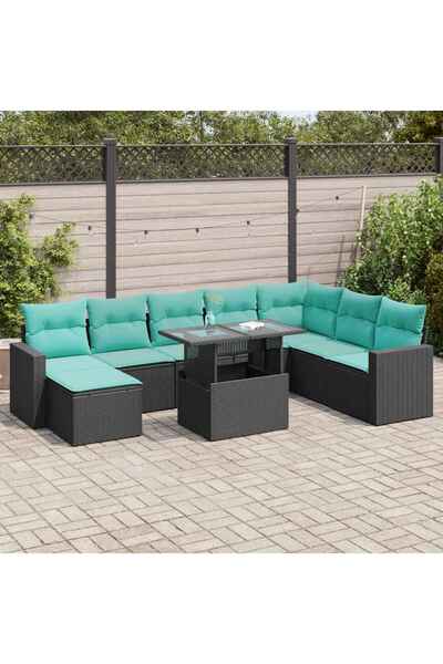 vidaxl Set mobilier gradina perne 9 piese negru poliratan/lemn acacia