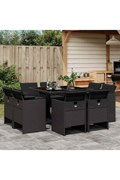 vidaxl Set mobilier de gradina cu perne, 9 piese, negru, poliratan