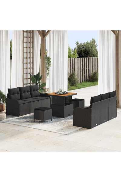 vidaxl Set de canapele pentru gradina cu perna 9 pcs Negru poliratan